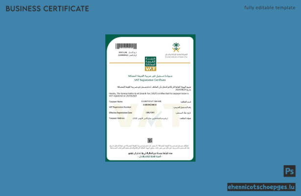 Beispiel- und PDF-Vorschau des saudi-arabischen Mehrwertsteuerregistrierungszertifikats